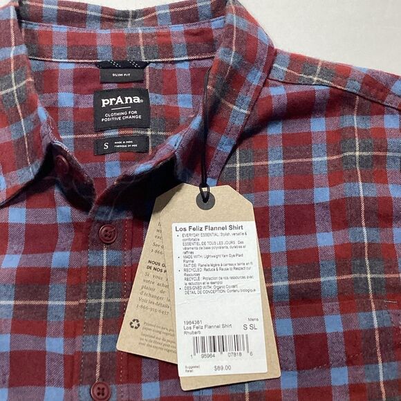 Prana Los Feliz Flannel Shirt Mens S Slim Fit Red Blue Plaid Rhubarb NWT - Picture 9 of 12